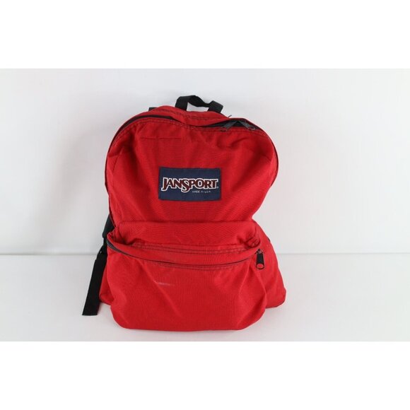 Vintage 90s JanSport Distressed Spell Out Box Logo Backpack Book Bag Red USA